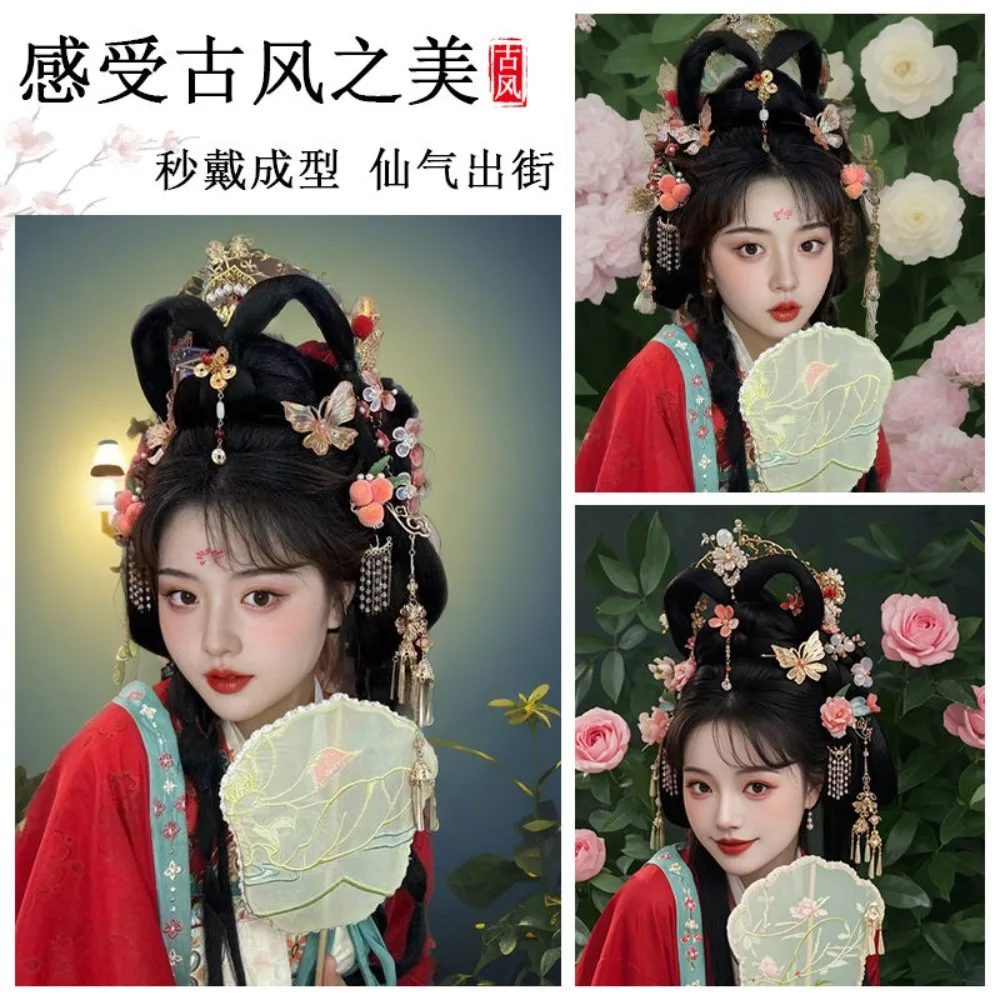 唐王朝スタイルのオールインワン漢服おだんごヘア - 簡単なスタイリング、女性のコスプレやパフォーマンス用の調節可能なおだんごヘア