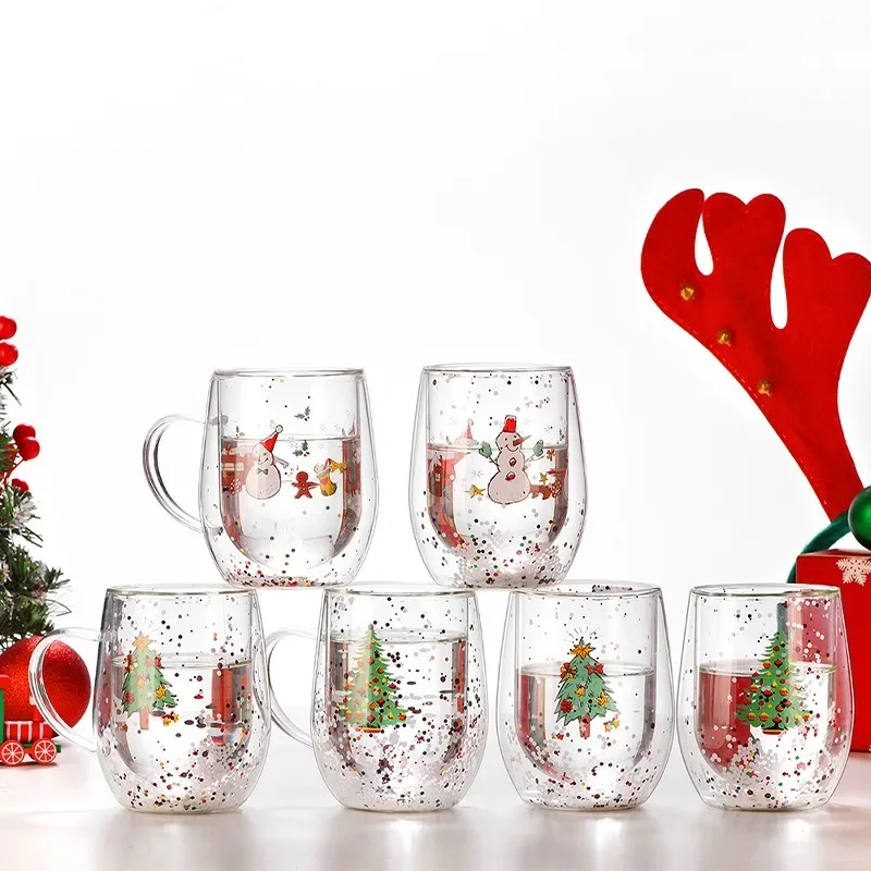 300ML high borosilicate double-layer heat insulation high temperature glass Christmas cartoon pattern with sequined water cup
