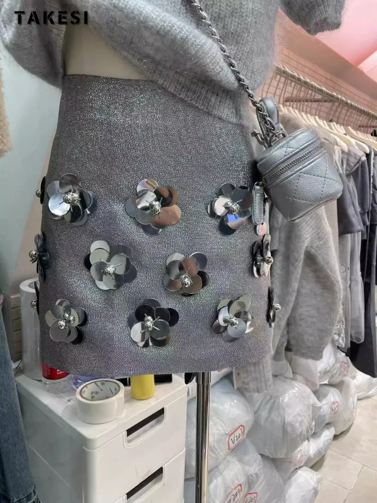 

2024 Summer Korean Casual Chic Style Fashion Sequins Decoration Skirts Women's Luxury High Waist Slim Fit Hotsweet Mini Skirt