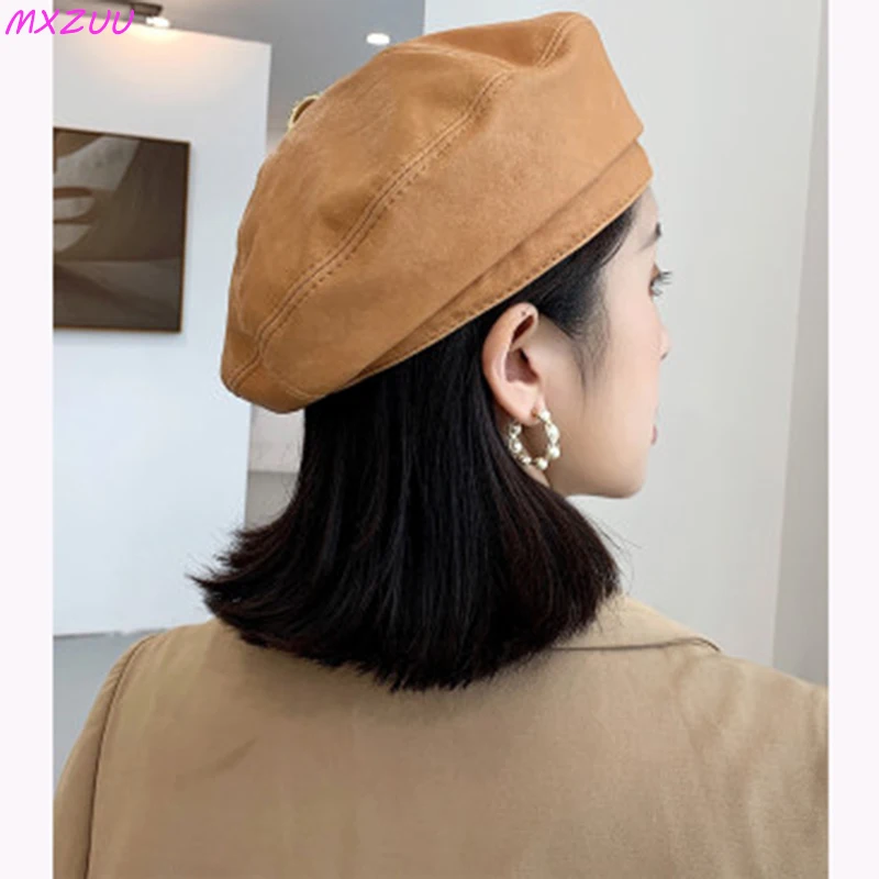 Ladies Genuine Leather Top Hats Exquisite Berets Femme Sheepskin Light Luxury Retro Khaki/Brown Cap Showing Small Face Headdress