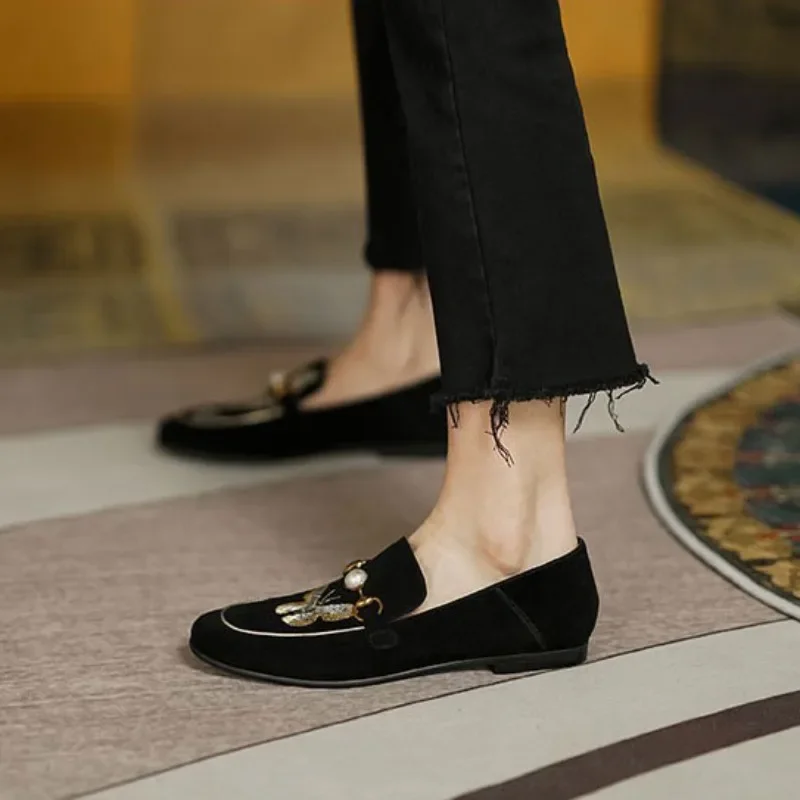 Women Shoes Flat  Loafers Comfortable Work Flats Shoe loafers Female New 2023 Spring Autumn Pearl Embroidered Bee 40