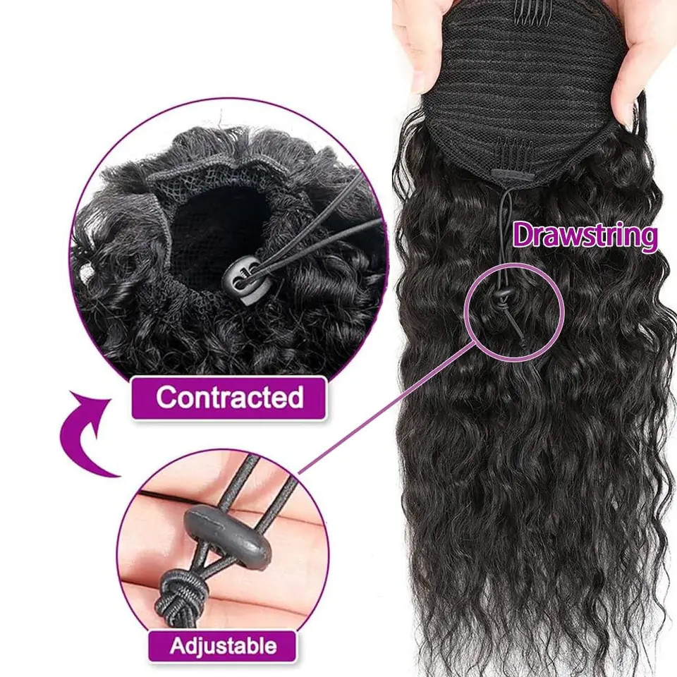 Cola de caballo Body Wave de cabello humano con cordón, rizos de agua, extensiones de cabello humano Remy, cola de caballo, negro natural 3