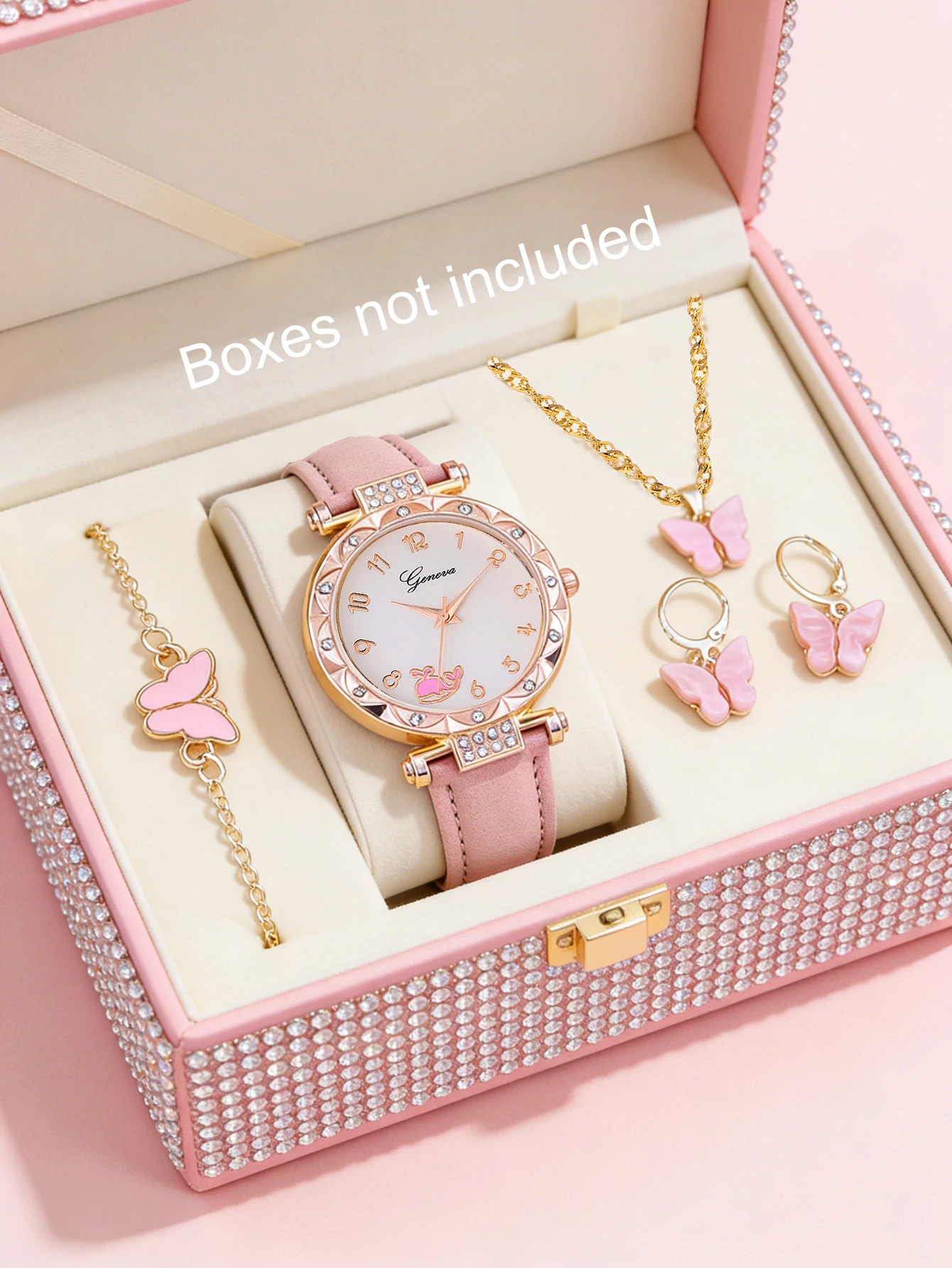 Fashion classic round shell lace lady quartz watch + butterfly bracelet necklace stud earrings set, a festive gift