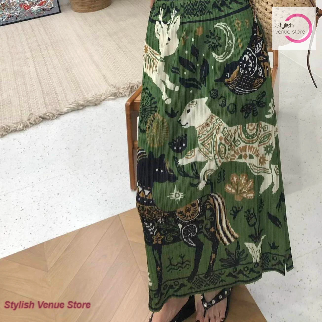 Korean style green cartoon skirt female summer design sense high waist split temperament contrast printing straight casual skirt