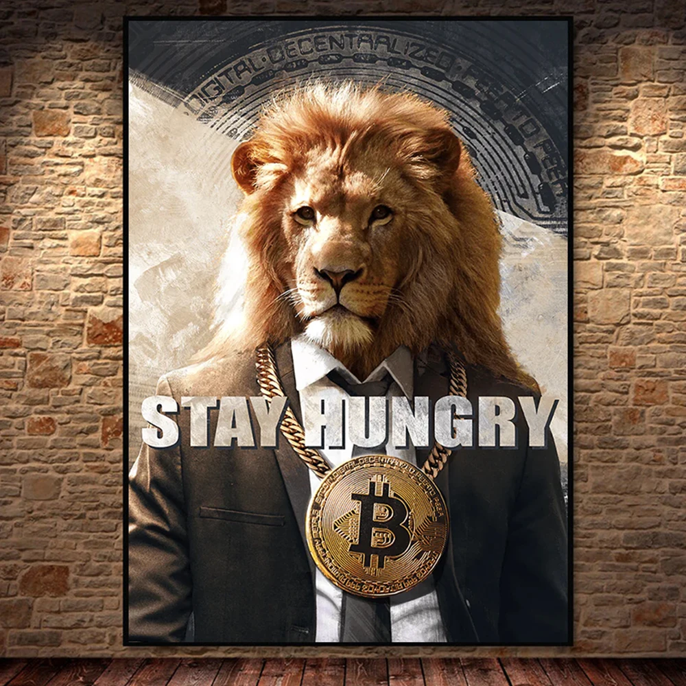 

Abstract Animal Canvas Painting,Africa Lion Wall Art Posters,Stay Hungry Prints, Bitcoin Necklace,for Living Room Pictures