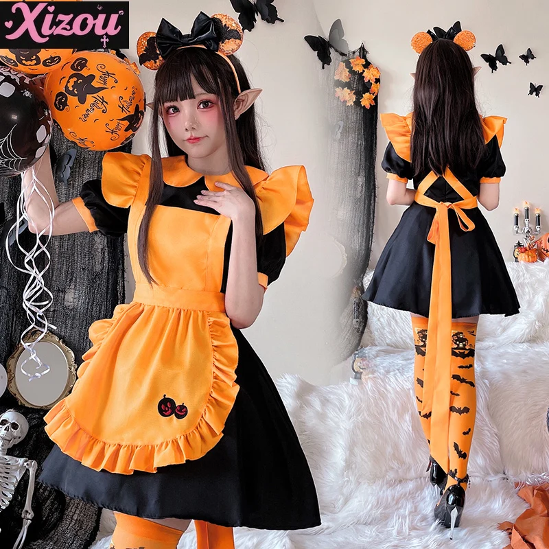 

Хэллоуин Тыква Волшебная Лолита Ведьма Эльф Платье с короткими рукавами Летучая мышь Вампир Вечеринка Вышивка Симпатичные милые складки Горничная Cos Костюм Женщины
