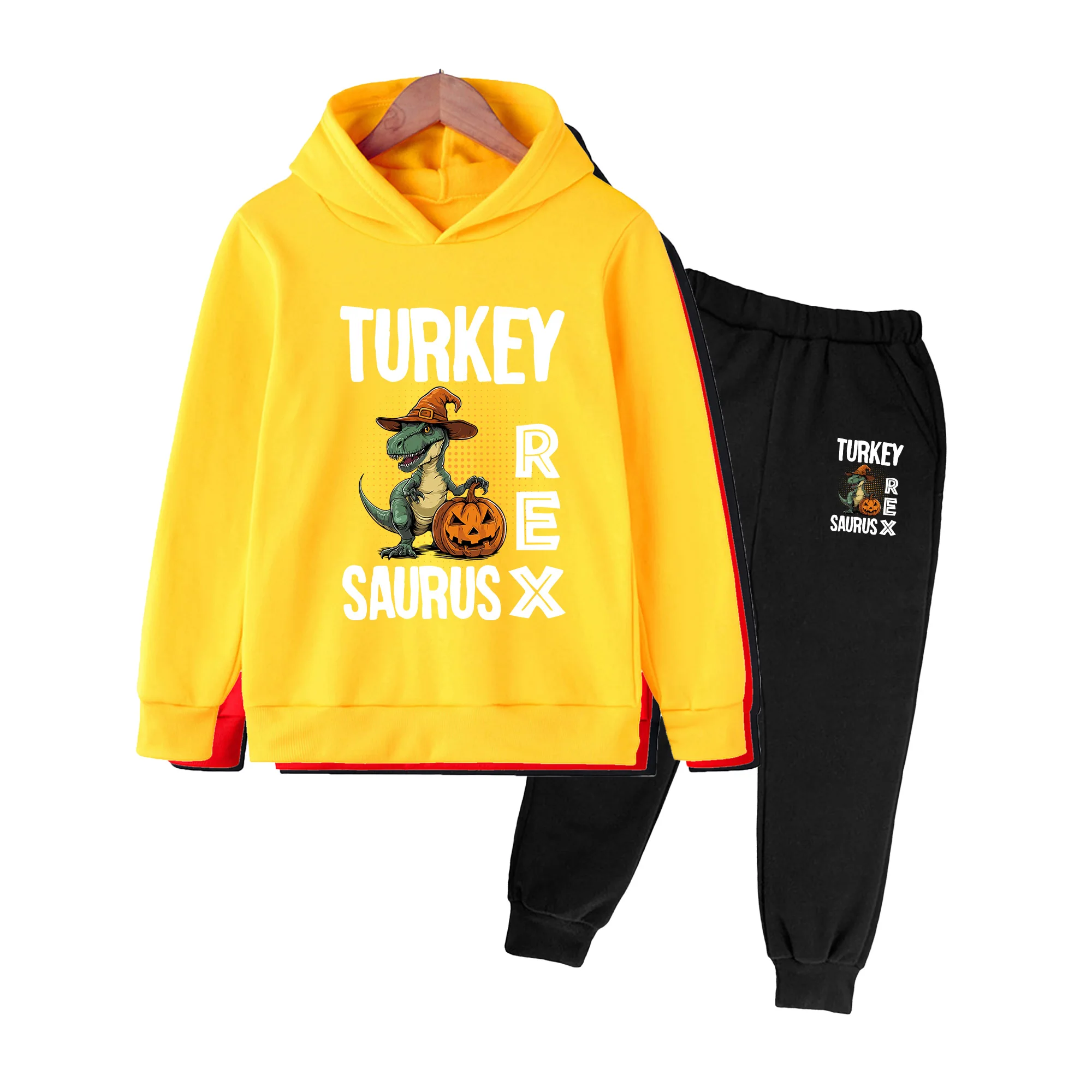 Kids Halloween Hoodie & Pants Set, Cute Dinosaur Pumpkin Print Long Sleeve Outfit for Boys Girls