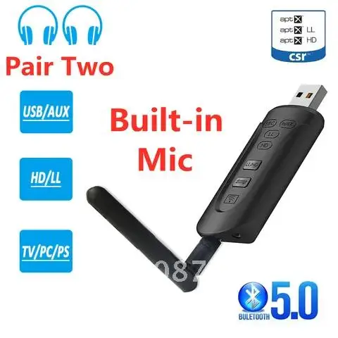 Bluetooth 5.0 Audio Transmitter CSR8675 AptX HD Low Latency 3.5mm AUX USB Dongle Wireless Adapter & Mic for TV PC PS4 Headphones