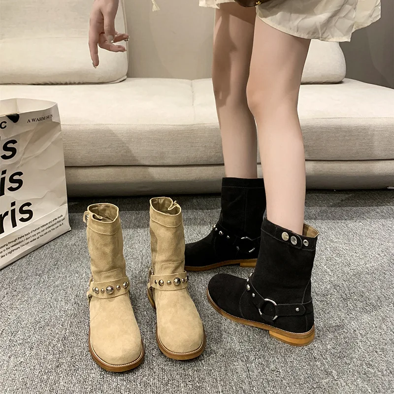 Fashion Rivet Women's Ankle Boots Spring Autumn Low Heels Short Boots Women Shoes Lady Comfortable Non Slip Booties Mujer Black image 6