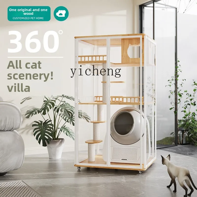 YFY  panoramic glass cat villa fully transparent solid wood does not occupy a cat house household small apartment