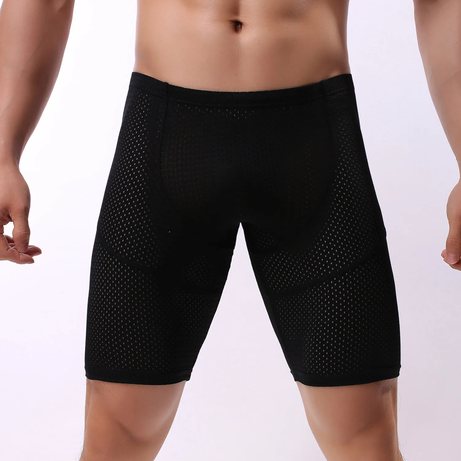 Men Mesh Long Boxer Briefs Breathable Hole Mesh Bulge Pouch Mid Waist Anti Chafing Sports Mens Underwear Shorts 8 Colors