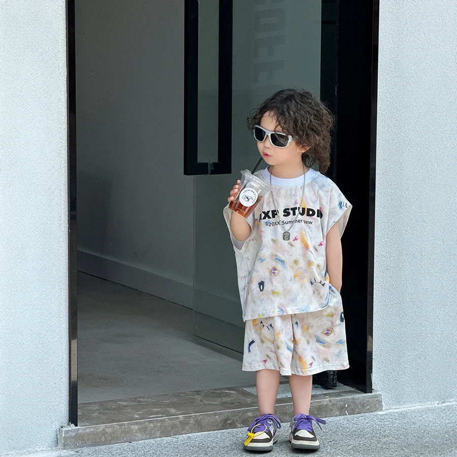 Terno de colete sem mangas fino infantil, impressão a cores e tingimento, versão coreana de roupas infantis, verão