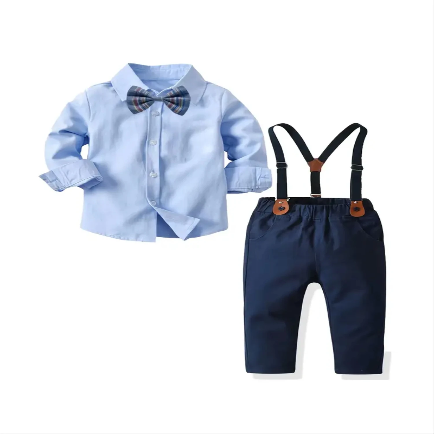 Stylish Dapper Sky Blue Two-Piece Overalls Set with Gentle Bow Tie for Young Boys, Elevating Their Wardrobe with Sophistication 