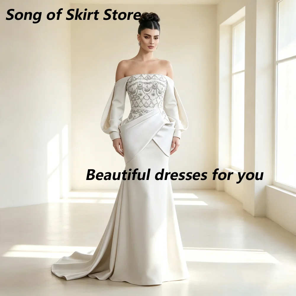 Customized Ivory Satin Rhinestone Straight Off Shoulder Mother Of The Bride Gown  Lace Bodice Oversized Draped Mermaid Gown