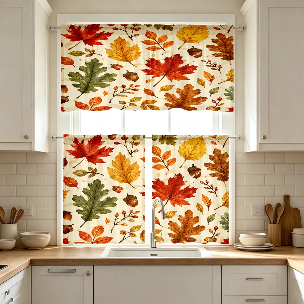 Thanksgiving Fall Kitchen Curtains, Watercolor Maple Acorn, Digital Print, Kitchen Dining Room, Rod Pocket Polyester, Home Decor