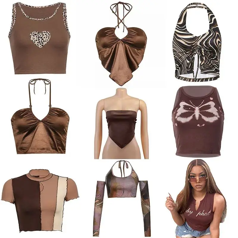 

Brown Vintage Y2K Corset Crop Top Women's Gothic Cleanfit Style A-Line Sleeve Linen Material Other Material 100%