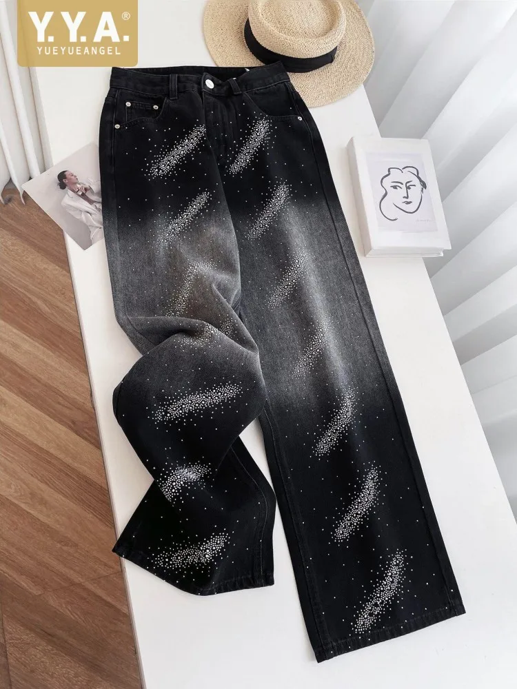 

Повседневные джинсы в американском стиле с широкими штанинами, дизайнерские, с бриллиантами, высококачественные, свободные, на пуговицах, прямые, женские