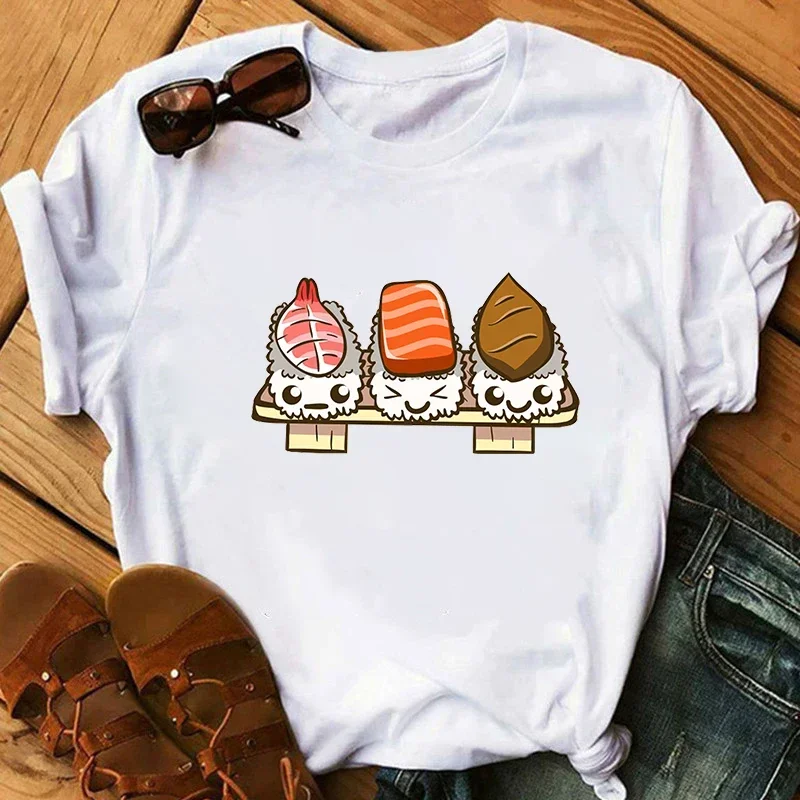 Verão nova adorável sushi impressão senhoras camiseta feminina casual base em torno do pescoço camisa branca de manga curta roupas femininas