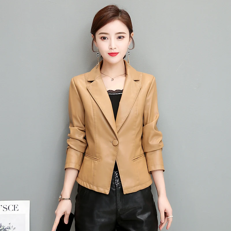 Spring 2025 Women's Slim Fit ort Leather Jaet eepskin True Leather Faionable Small Suit Sle Outerwear Coat