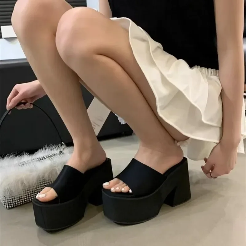 

2024 Summer Women's New Thick Soled Black Silver High-heel Sandals Women's Slope Heel Square Toe Sandals Slippers 34-40 Size