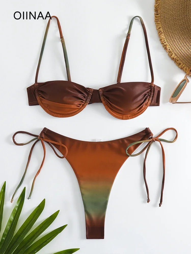 Oiinaa maiô feminino sexy gradiente conjunto de biquíni plissado cordão beachwear verão laço de duas peças moda banhista maiô