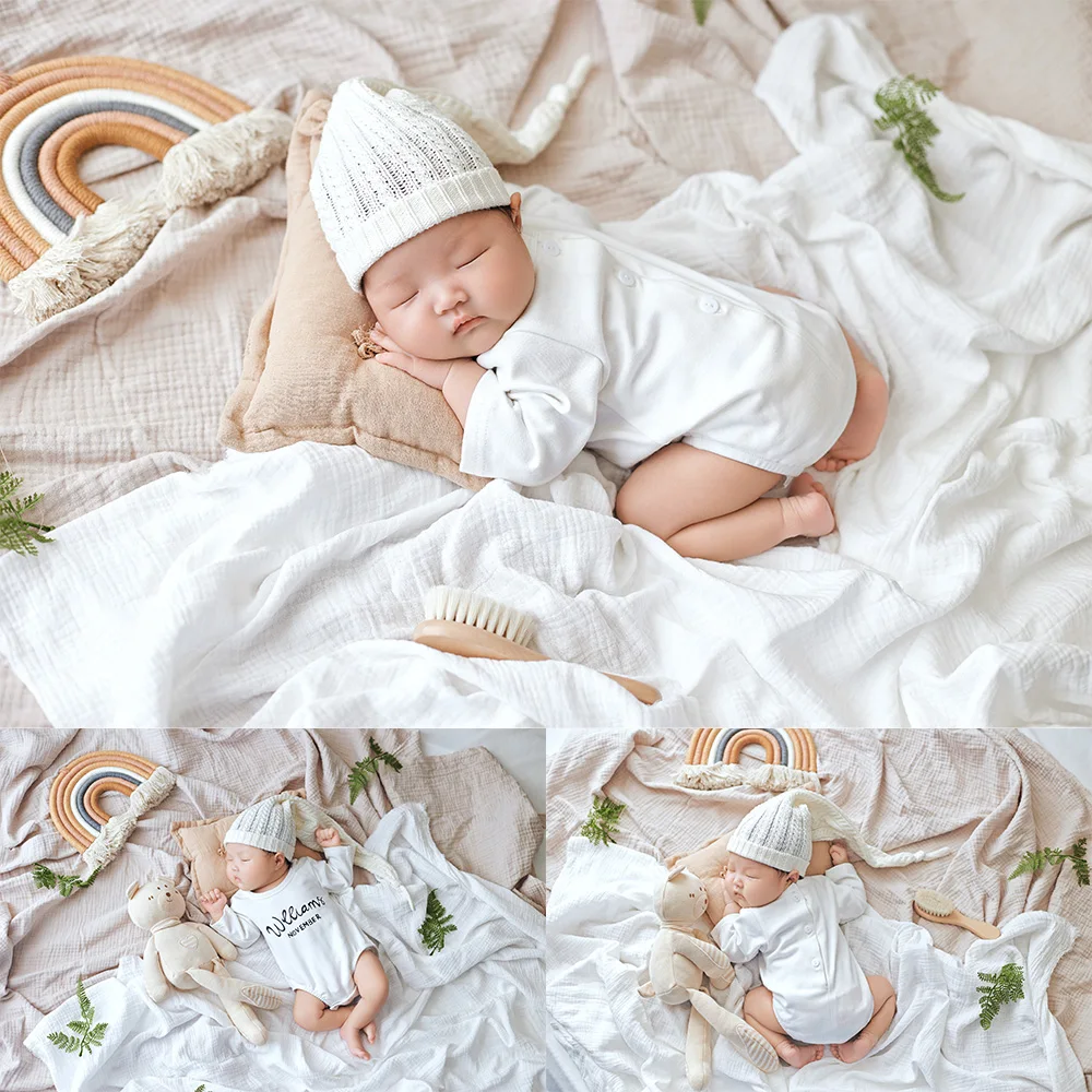 

Baby Milestone Photography Props Home Style Theme Knit Sleep Hat+romper Stuffed Bunny Doll for Professional Studio Photo Shoots