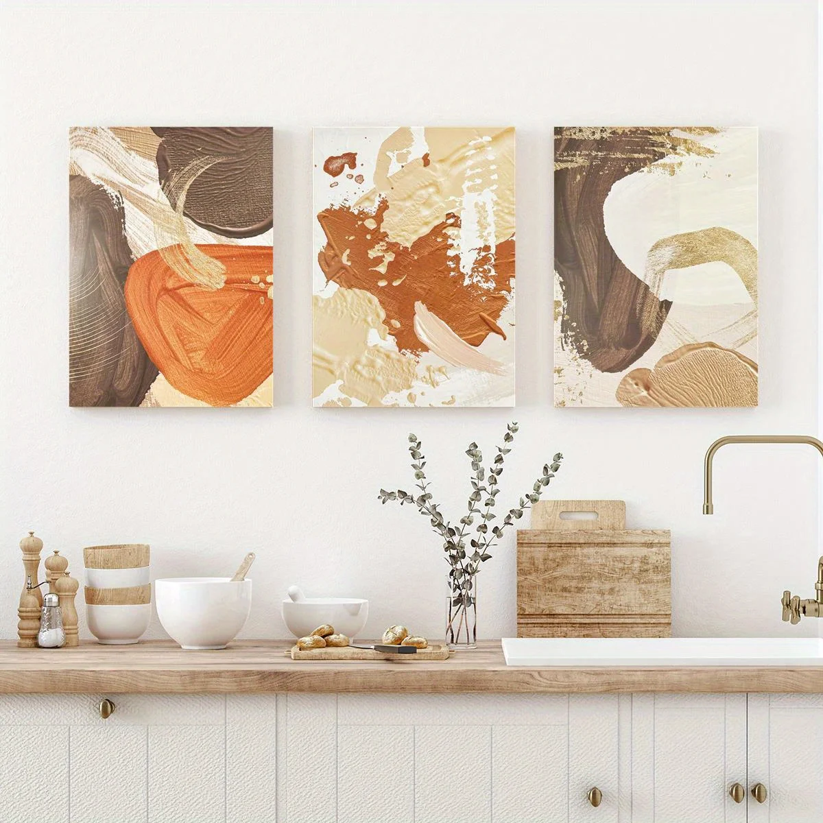 (No frame)3pcs Bohemian Abstract Canvas Wall Art - Framed Posters, Orange Brown Beige Textured Design, High-Quality Canvas wi