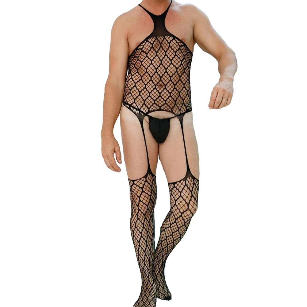 Men Sissy Sexy Jumpsuit Fishnet Lace Mesh Bodystocking See Through Hollow Out Lingerie Gay Man Seduction Bodysuit Erotic Wear