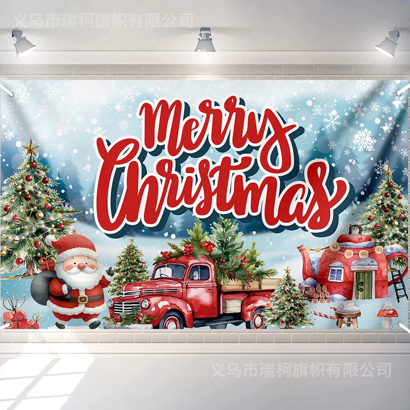 VIKAMA Merry Christmas Tapestry Winter Snow Cabin Santa Claus Reindeer Wall Hanging Cloth for Xmas Party Photo Background Decor
