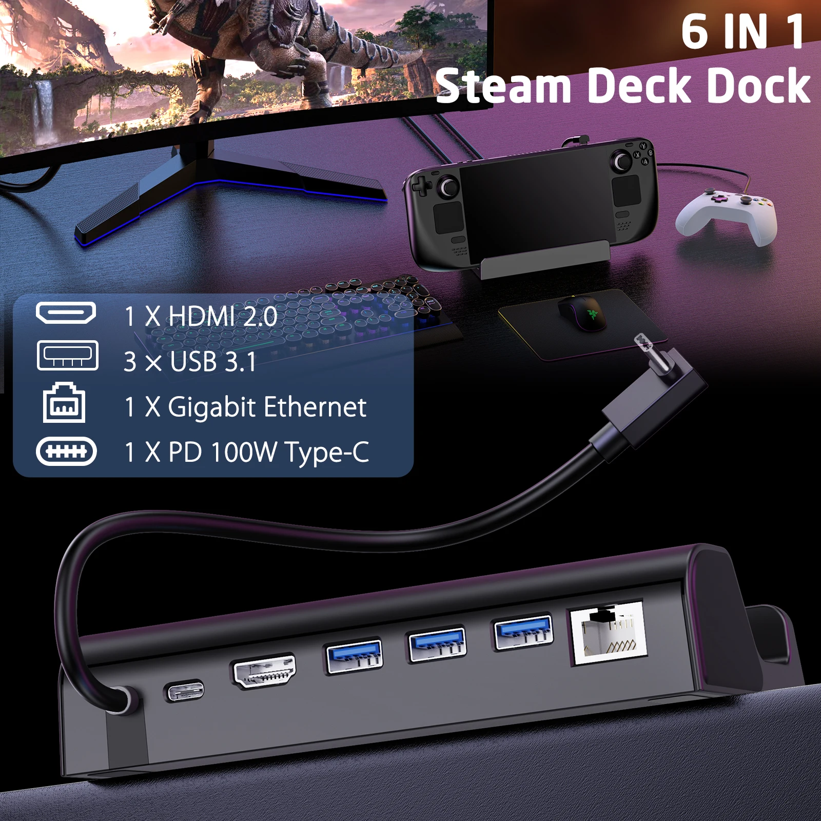 6-IN-1 Docking Station For Steam Deck/ROG Ally/Switch/OLED,100W PD Fast Charging with HDMI 2.0 4K@60Hz Gigabit 1000Mbps Ethernet