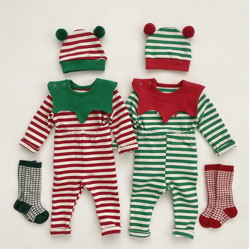 MILANCEL Christmas Baby Clothing Set Striped Blouse Bib Hats  And Pants Toddler Suits