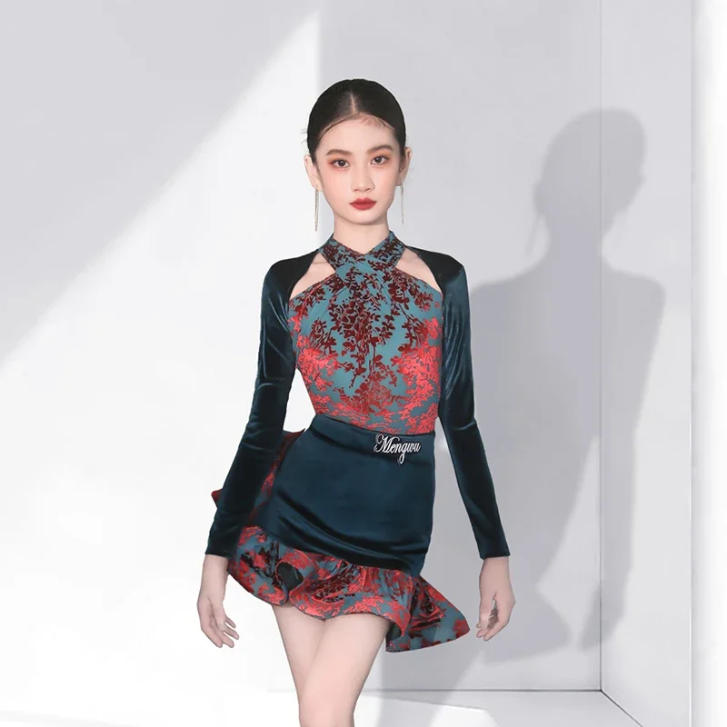 

Latin Dance Dress Girls' Hanging Neck Long Sleeve Skirt Competition Chacha Performance Dress Costume Dancer Wearing DQL9523