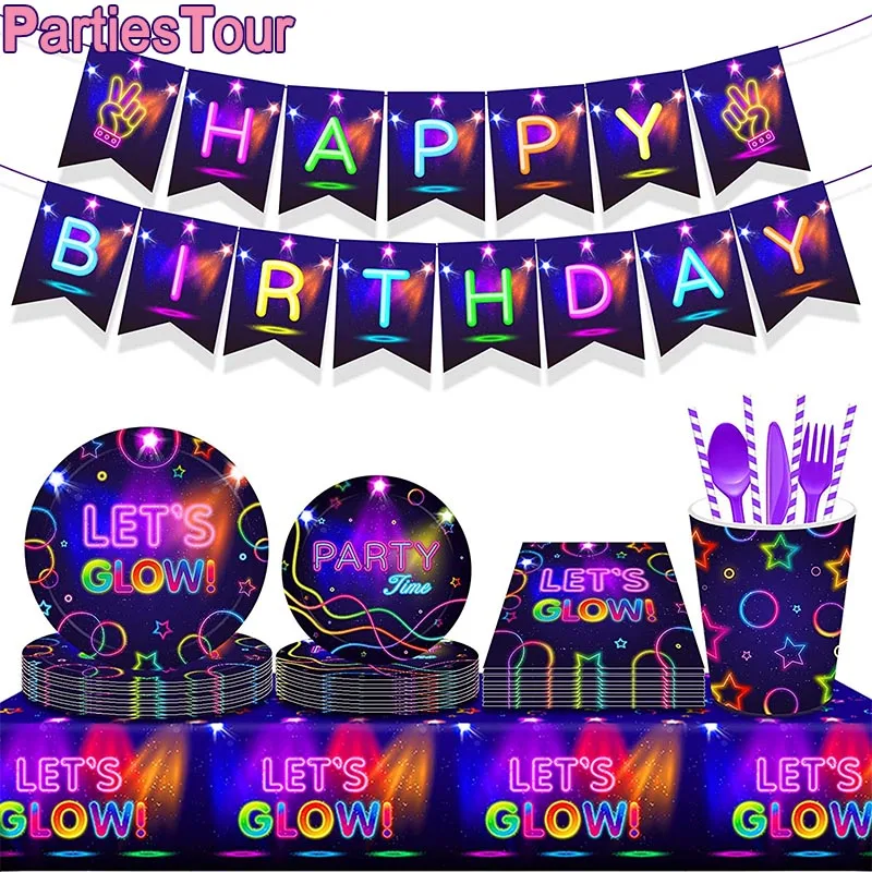 Glow In The UV Party Tableware Tablecloths Cups Plates Banner Napkins straws Balloons Neon Glow Birthday Party Supplies