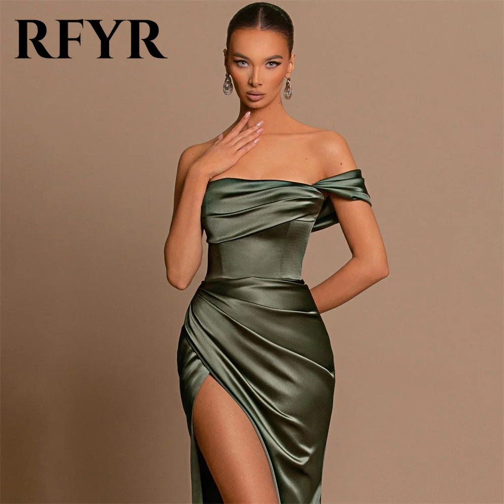 RFYR Sexy Strapless Mermaid Evening Dresses Satin One Shoulder Dresses Long Wrap Slit Corset Prom Dress فساتين مناسبة رسمية