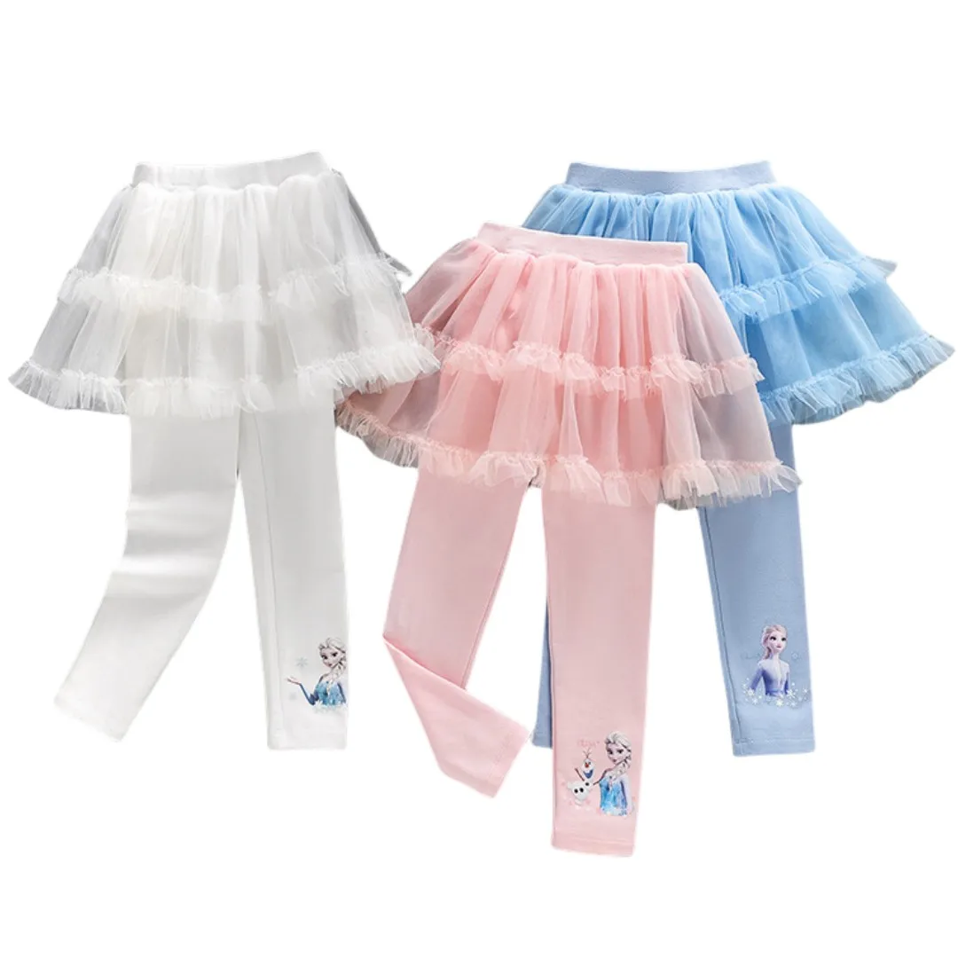 HOT TOYS Frozen Girl Legging Kids Elsa Design Tulle Pants Children White Pink Blue Trousers Baby Girl Clothes Size 90-140