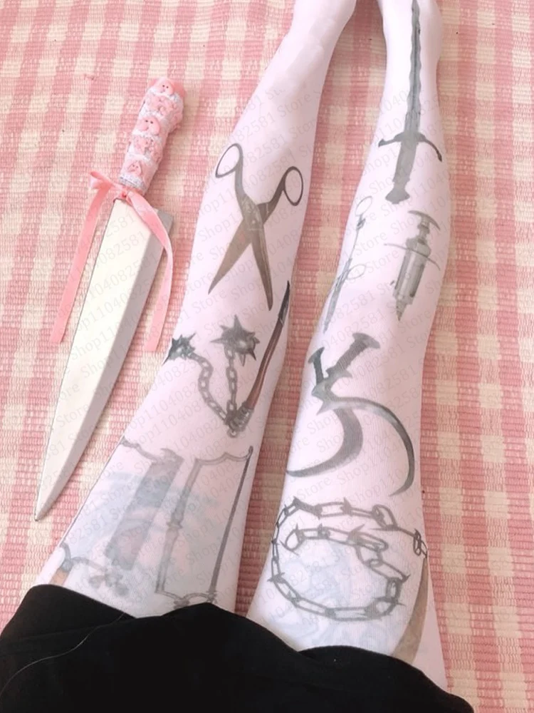 Gothic Harajuku Y2K style cute geometric print stockings idol character cute slim fit stockings Kawaii millennium style Emo girl