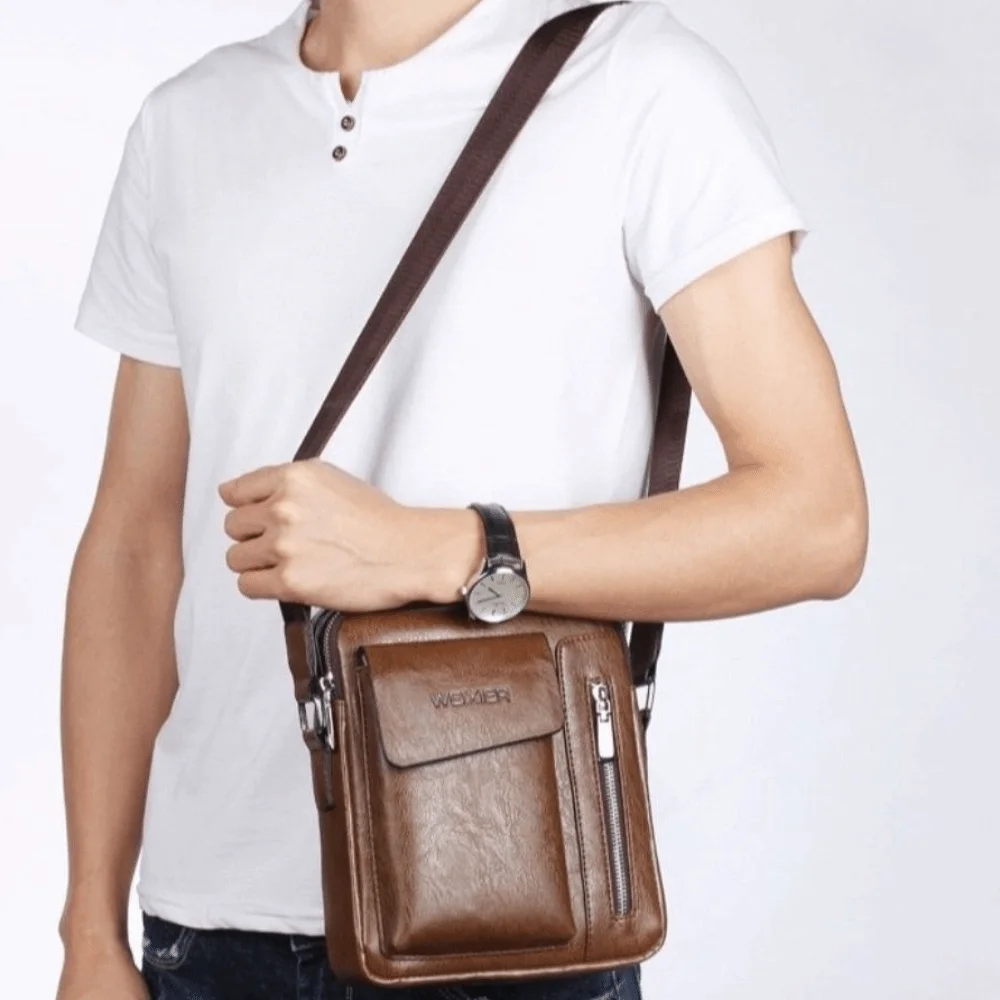 

PU Leather Shoulder Bag for Men Leisure Large Capacity Business Crossbody Tote Square Side Bag Travel Sling Bag for Mobile Phone