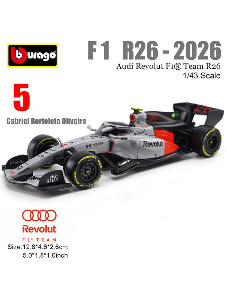 Bburago 1:43 2026 F1 Audi Revolut Team R26 SF26 W17 VCARB-03, model samochodu wykonany z odlewu ciśnieniowego, zabawka, kierowca. — 2