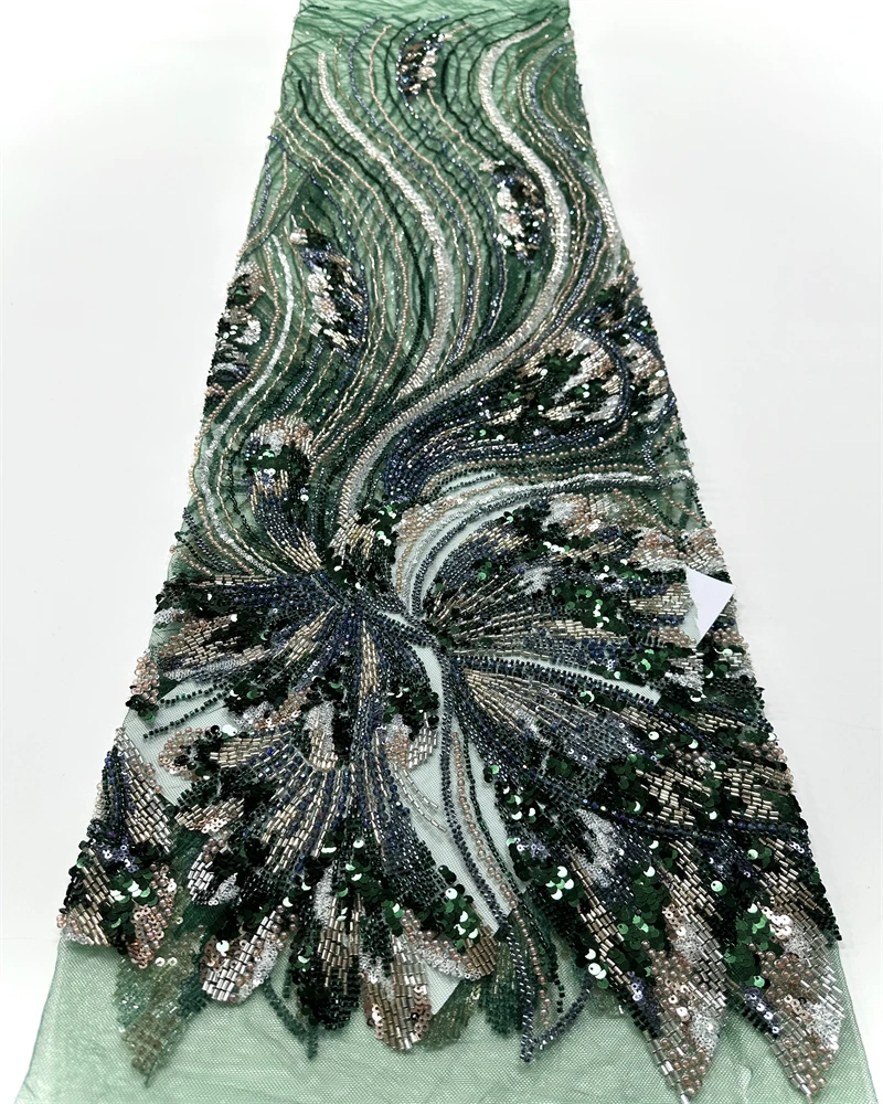 Luxury French Mesh Lace Fabric with Beaded Sequins for Wedding Dresses African Nigerian Style Embroidery Sewing Material