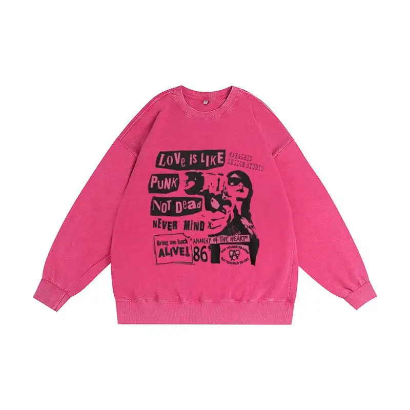 

Худи цвета драконьего фрукта в стиле ретро-винтаж, осенне-зимняя куртка, молодежная свободная толстовка с длинными рукавами и круглым вырезом