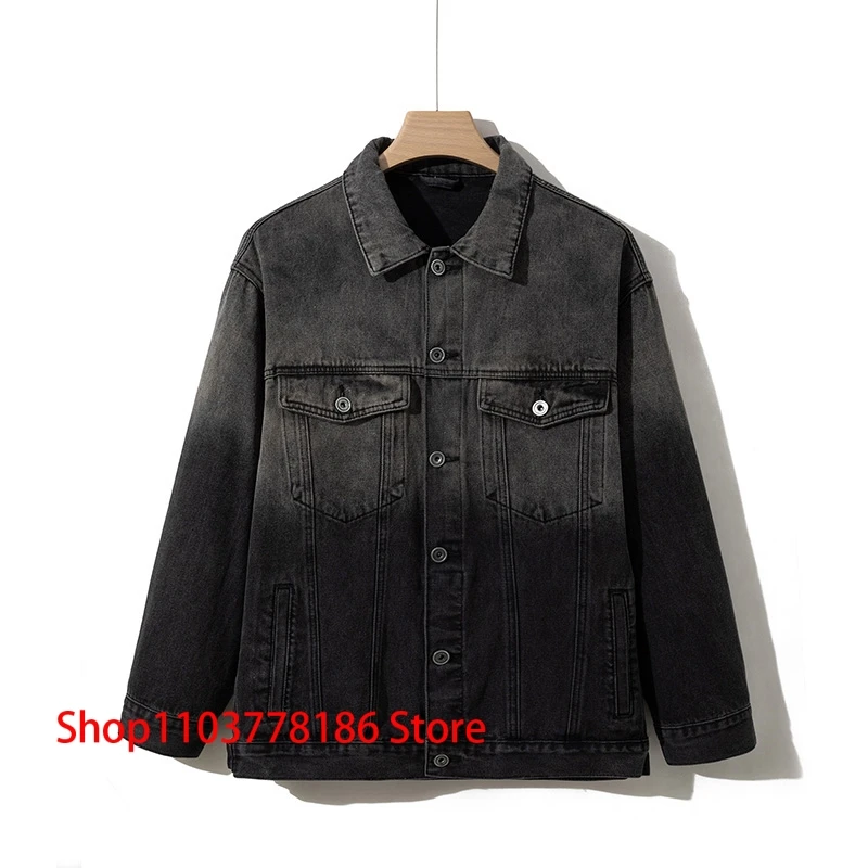 American Retro Do Old Wash Gradient Grey Lapel Denim Coat High Street Casual All-match Jean Jacket Men's Women Trend Clothing