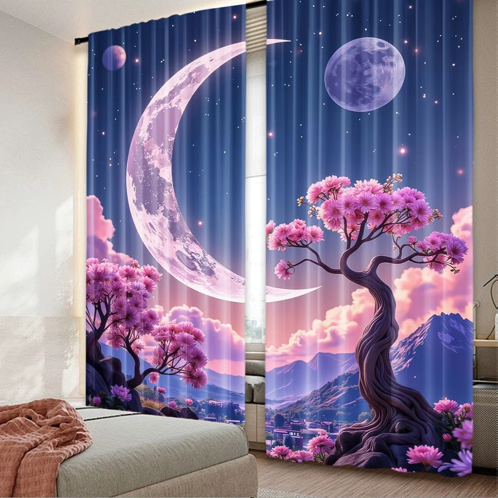 2D-Flachdruck, 2 Stück Vorhänge, Vorhänge mit Kirschblüten und Halbmond, digital bedruckte Polyester-Vorhänge, Familienparty-Dekoration