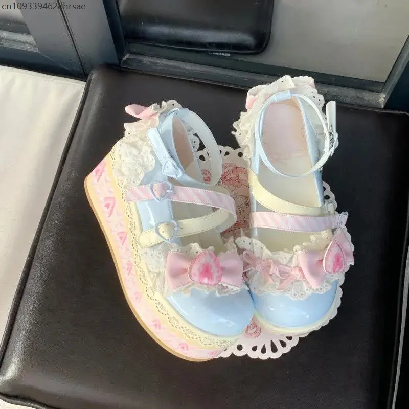 2025 Sweet Girls Lolita Flat Platform,Female Students Lace Strawberry Bowknots Cute Marry Jane Elevator Shoes