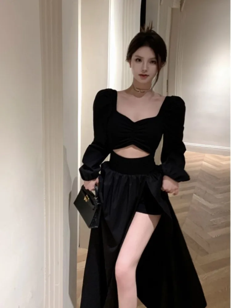 Women's Black Hollow Out Party Dress Autumn Fashion New Square Collar Long Sleeve Midi Dresses Female Backless Vestidos Largos