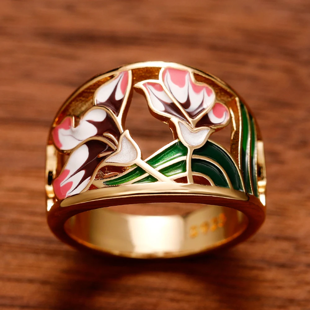 Huitan Romantic Pink Flower Hollow Out Band Women\'s Finger Ring Gold Color Creative Enamel Rings for Party Jewelry Drop Shipping