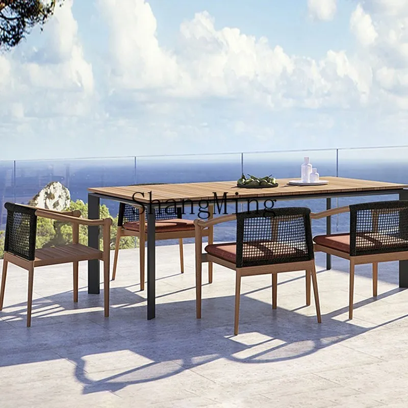 

FG open-air waterproof outdoor garden rattan table and chair combination outdoor courtyard villa teak casual dining table