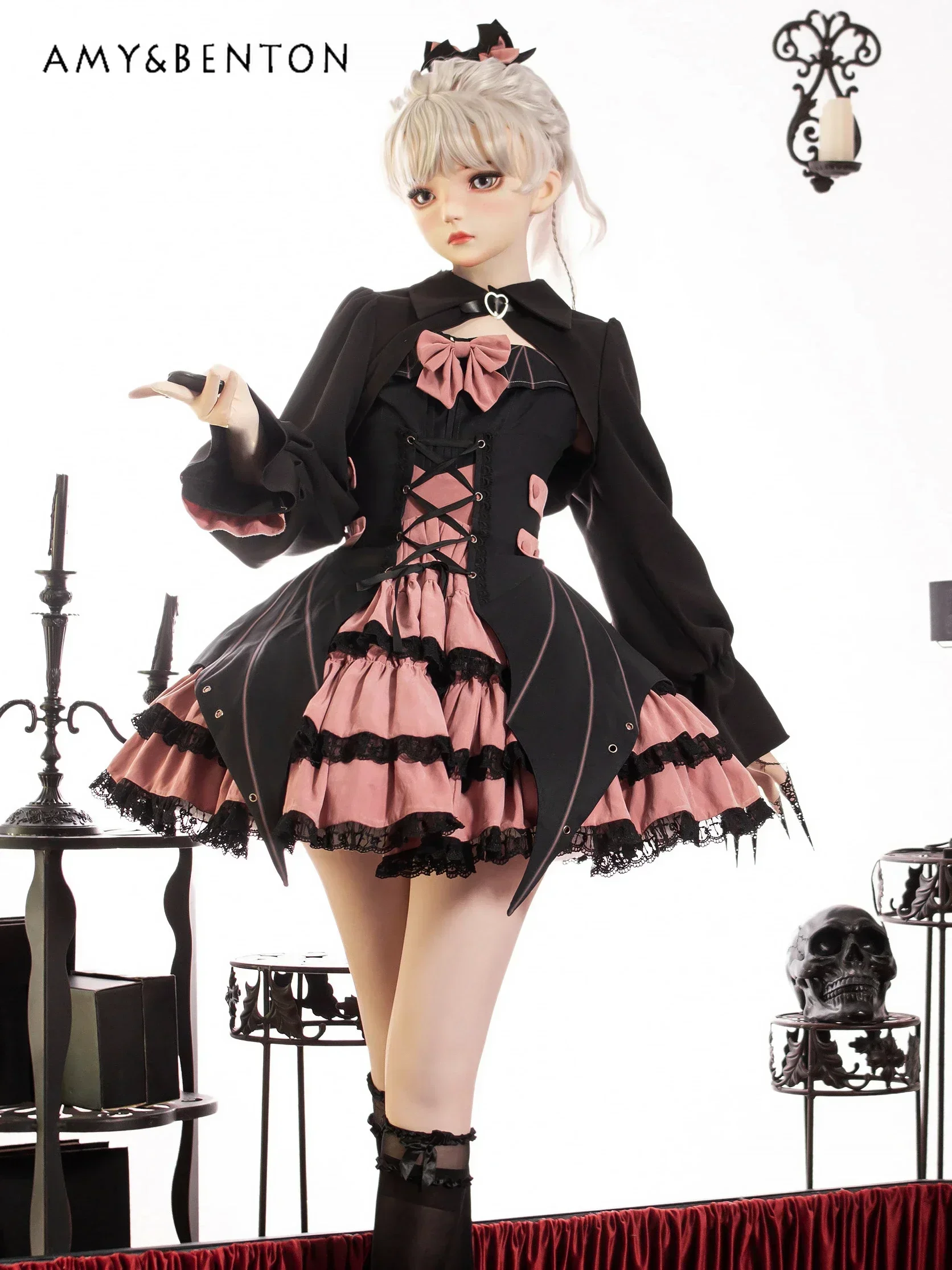 Gothic Hot Girl Lolita Dresses Harajuku Style Sweet Bow Cross Lace Up Slim Fit Patchwork Color Y2K Street Mini Dress for Women