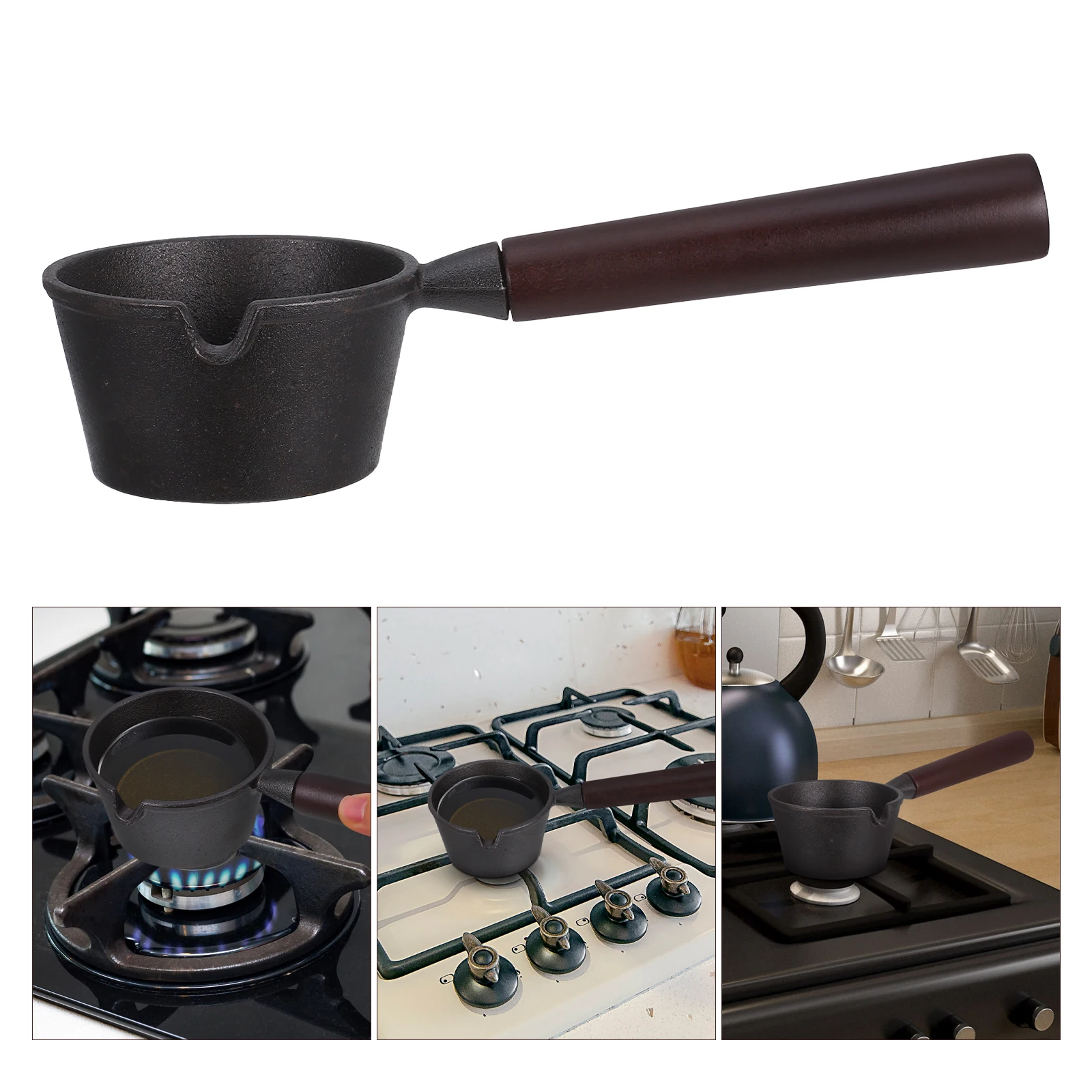 

Mini Butter Melting Pot Small Oil Pan Cast Iron Wood Handle Frying Egg Soup Cooking Home Restaurant Use