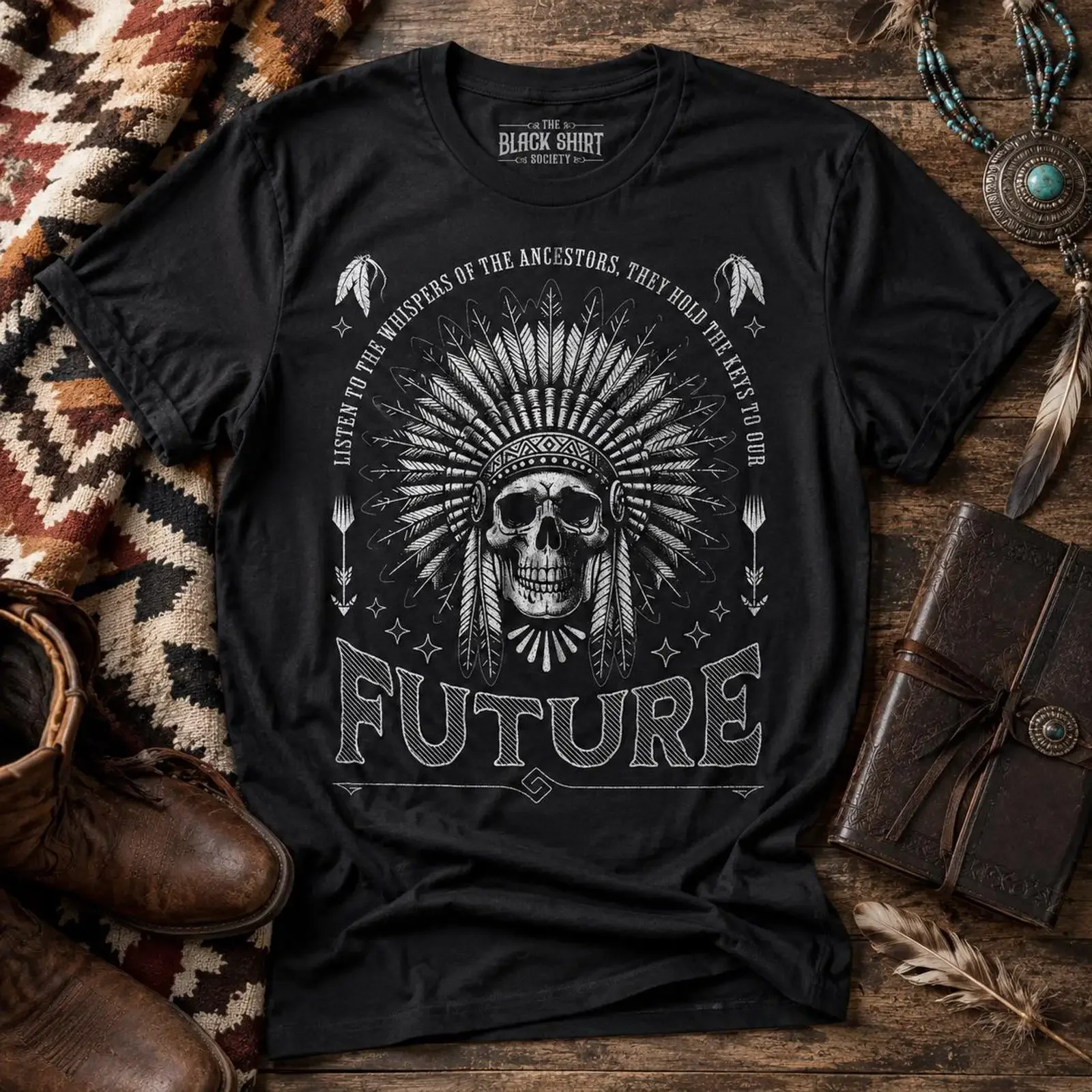 Future Ancestors Skull Headdress T Shirt Native Inspired Gothic Whispers of the Tribal Art vintage Washed Unisex fashion