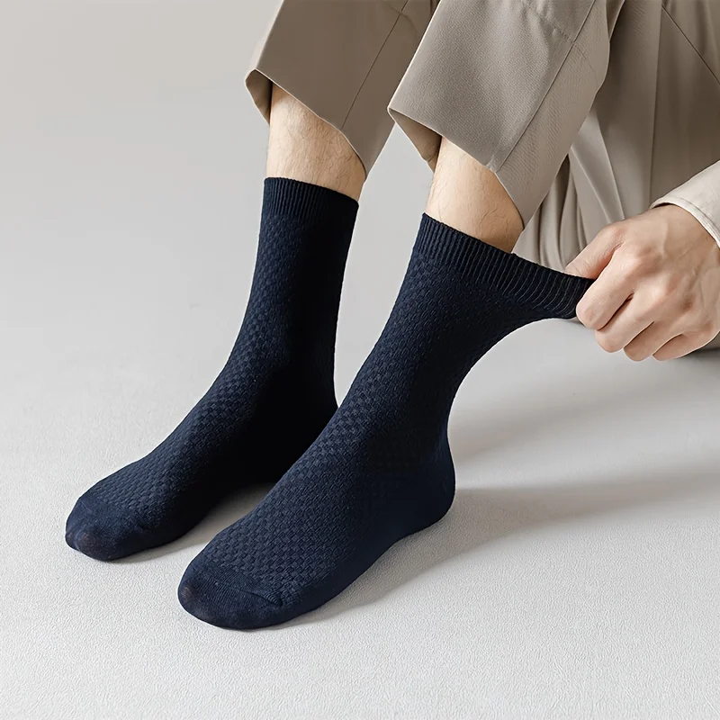 5 pairs of socks men\'s bamboo fiber men\'s socks double needle dark flower small square pattern odor resistant medium tube